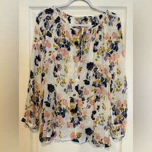 Lucky Brand- Cream Floral Tie-Neck Blouse with Pink & Navy